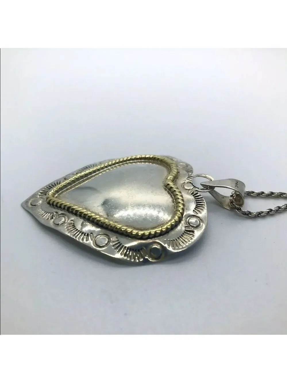 MEXICO STERLING SILVER VINTAGE HEART PENDANT BRASS WIRE DESIGN ON CHAIN …